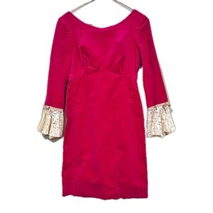 Vtg 1960s Hot Pink Angelair By Monika Sz 8 Mod Velvet‎ Dress W Lace Bell Sleeve